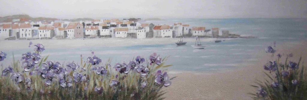 OIL ON CANVAS SEA HOUSES BOATS 500X1500MM