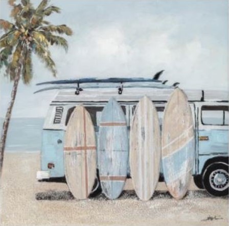 OIL ON CANVAS BEACH KOMBI SURFBOARDS 1000X1000MM