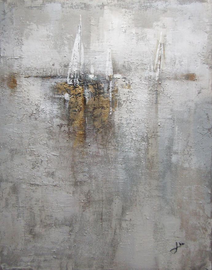 [PXYW688/1139W] Oil On Canvas Abstract Gold Grey & White 1200X1500mm