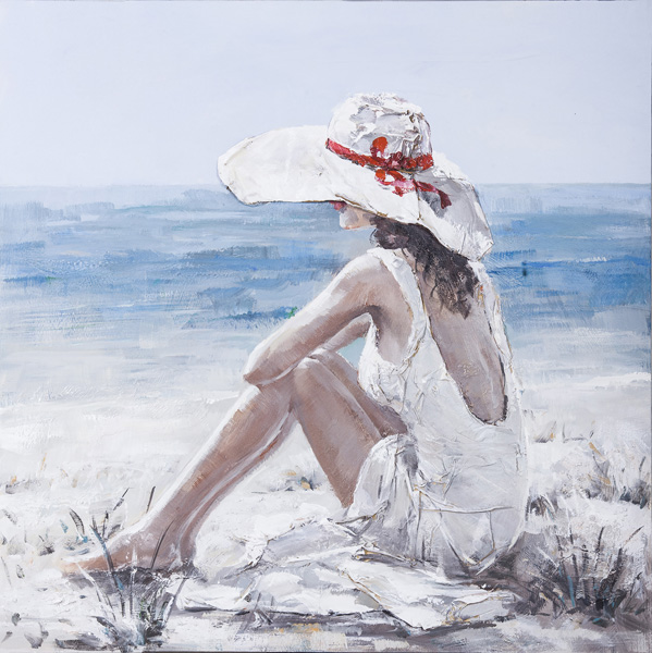 [PXYW658] OIL ON CANVAS LADY ON BEACH 1000X1000MM
