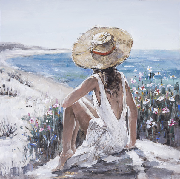 [PXYW659] OIL ON CANVAS LADY ON BEACH 1000X1000MM