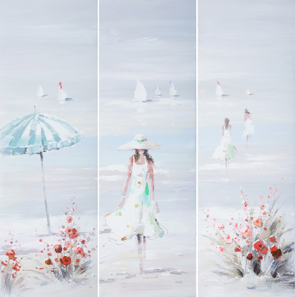 [PXYW640] Oil On Canvas Lady Beach 300X900mm