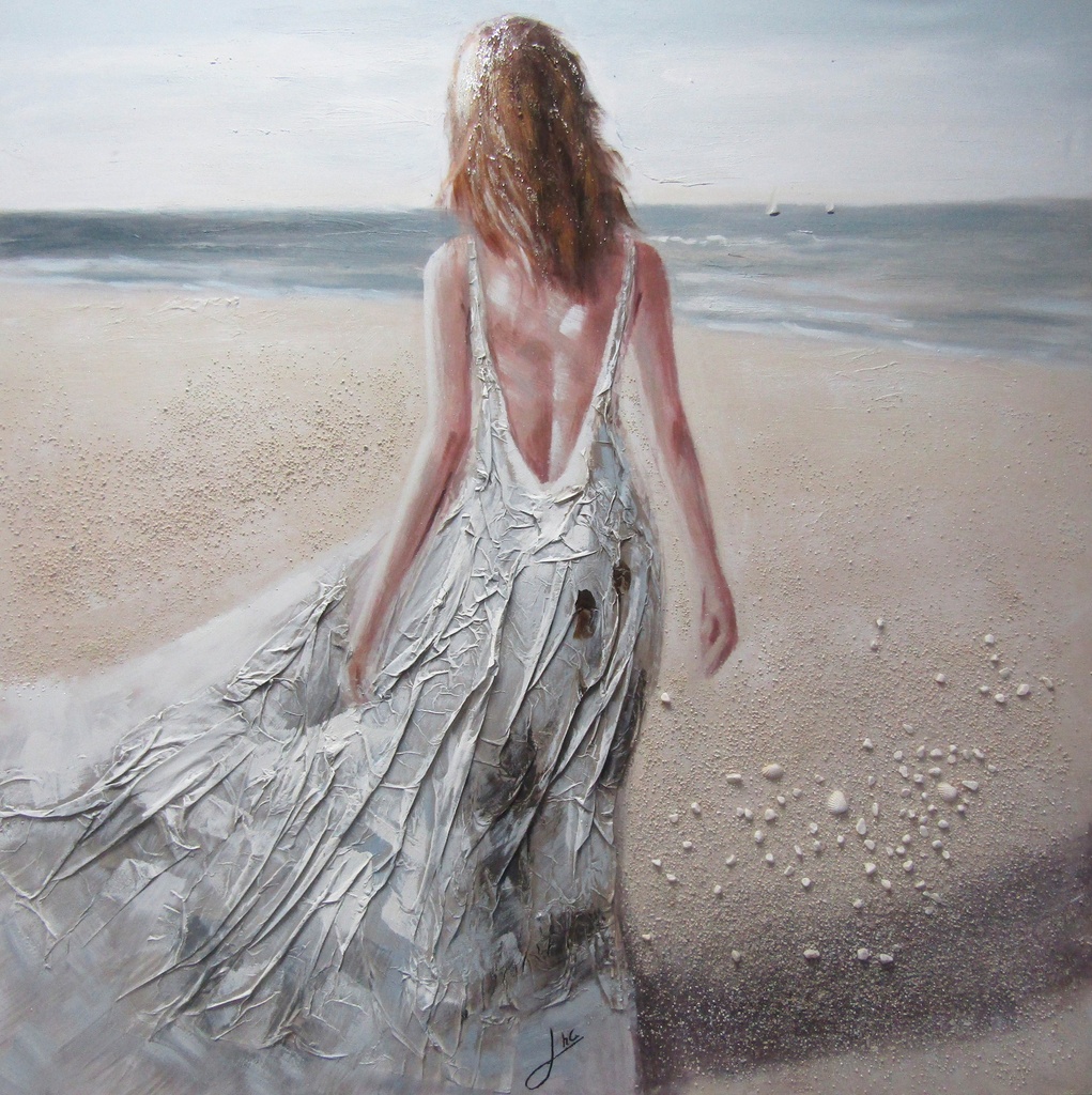 [PXYW682] OIL ON CANVAS LADY ON BEACH 1200X1200MM