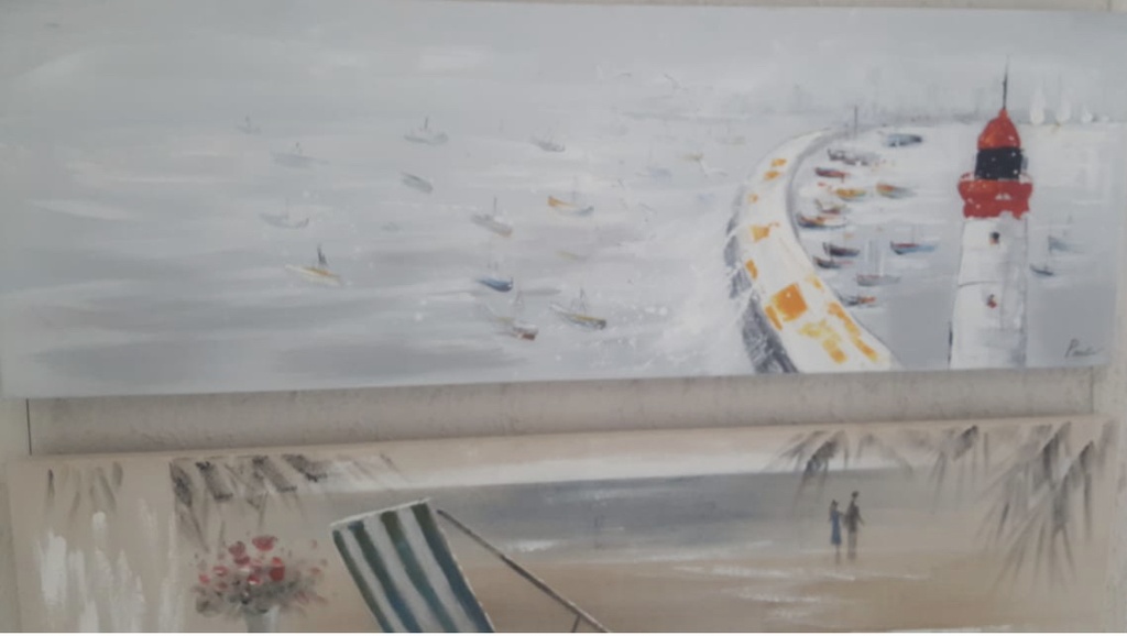 [PXFC341] OIL ON CANVAS LIGHTHOUSE & BOATS 1500X500MM