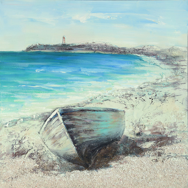 [PXYW579B] OIL ON CANVAS BOAT ON BEACH 1000X1000MM
